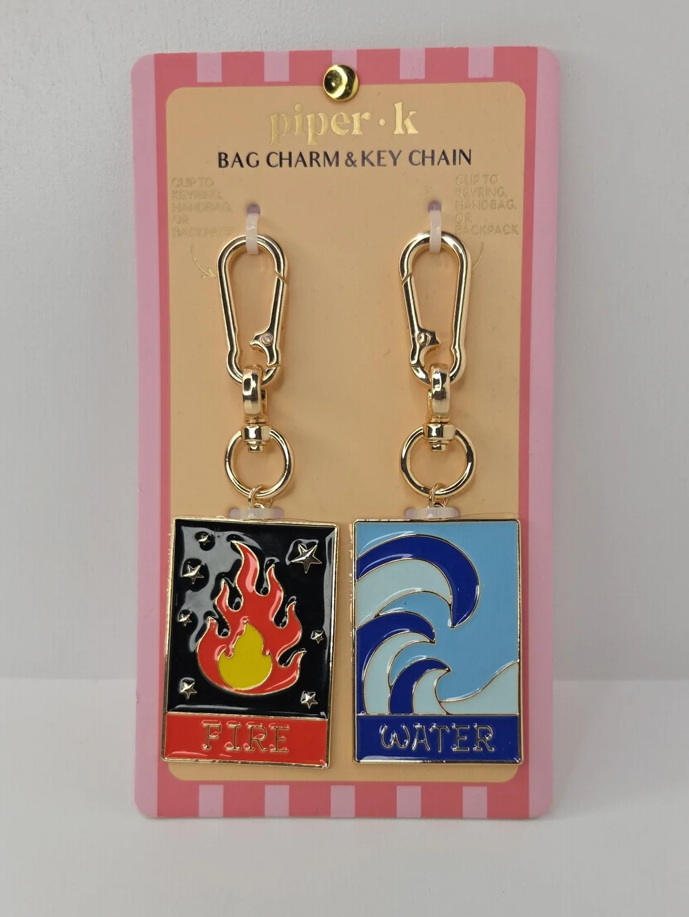❤️▪️Piper K▪️ Uk Exclusive Fire & Water Enamel Bag Charm Key Chain
